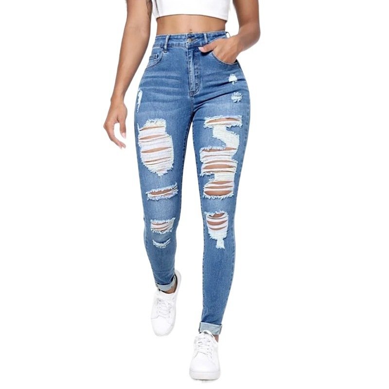 Women's High Waist Skinny Jeans – Slim Fit, Slimming with Ripped Holes for a Trendy Look