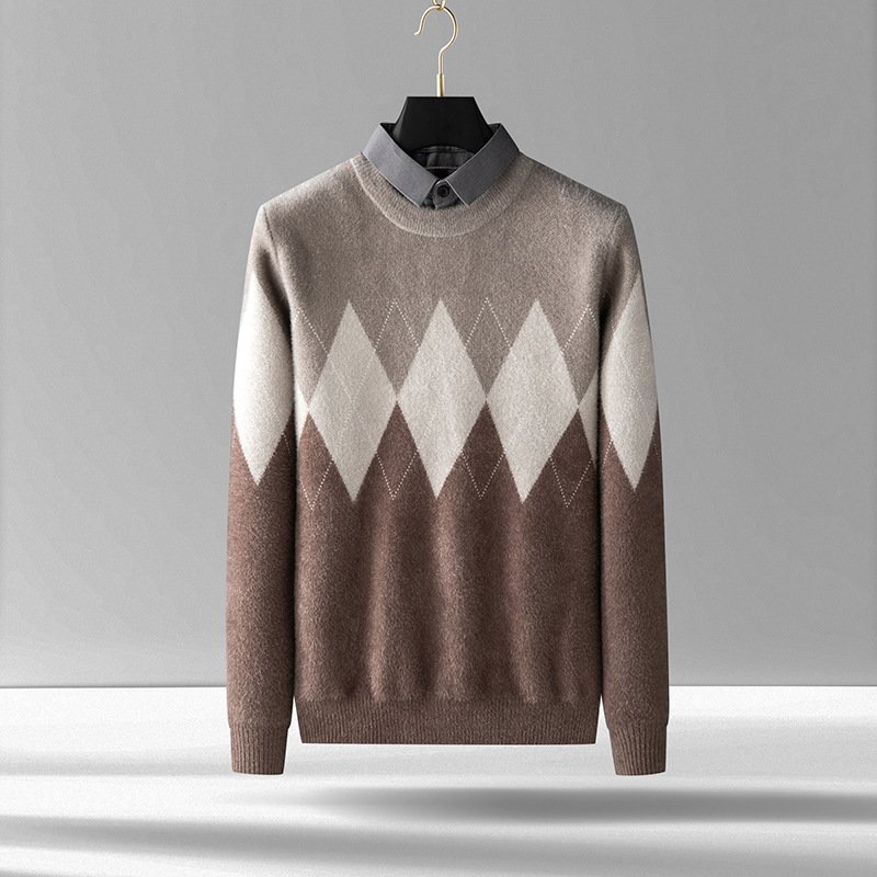 Men's Diamond Block Fake Two-piece Imitation Shirt – Stylish Layered Look