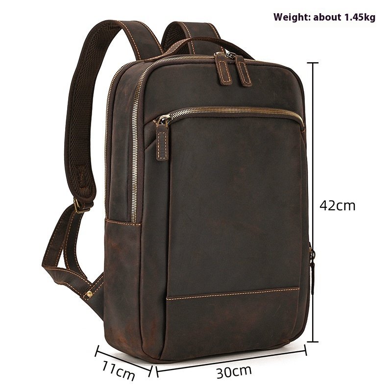 Double Zipper Genuine Leather Backpack - Large Capacity Crazy Horse Leather Travel Bag