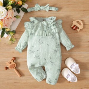 Girls Floral Lotus Collar Long-Sleeved Jumpsuit with Headscarf – Cute Baby Girl Outfit