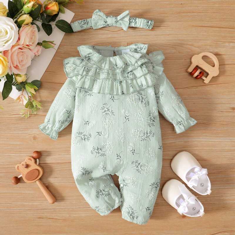 Girls Floral Lotus Collar Long-Sleeved Jumpsuit with Headscarf – Cute Baby Girl Outfit