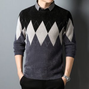 Men's Diamond Block Fake Two-piece Imitation Shirt – Stylish Layered Look