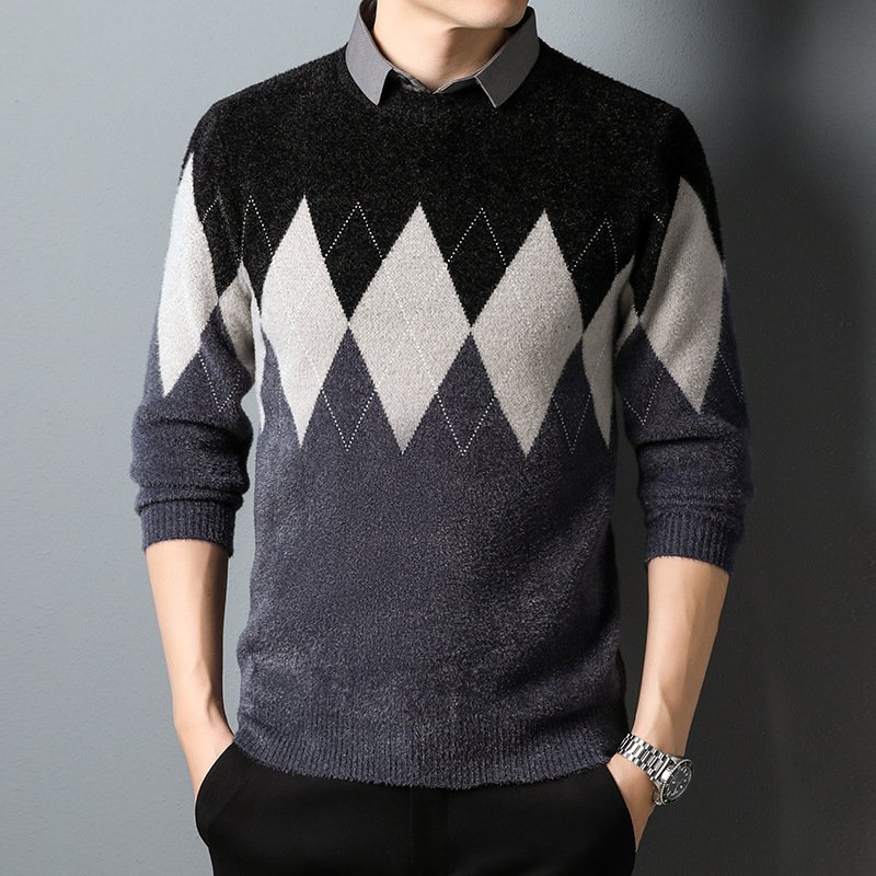 Men's Diamond Block Fake Two-piece Imitation Shirt – Stylish Layered Look