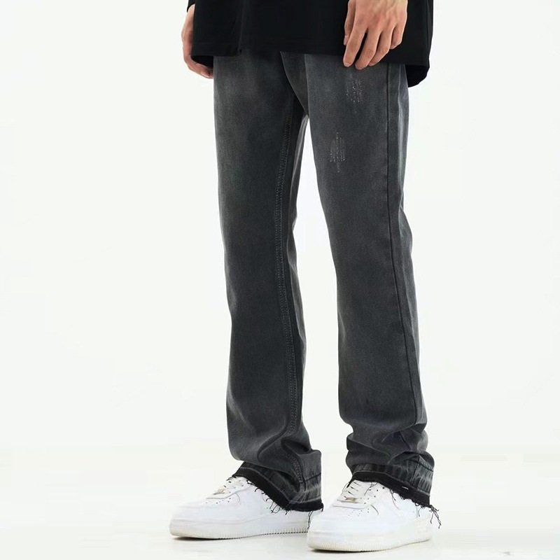 Micro Flared Foot Fringe Worn Jeans – Trendy Men's Distressed Denim