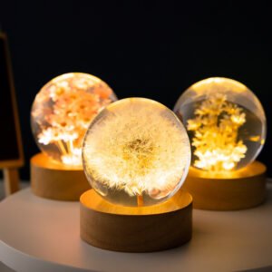 Luminous 3D Dandelion Crystal Ball with Beech Wood Stand – Preserved Flower Sphere Desktop Ornament, Birthday & Christmas Gifts