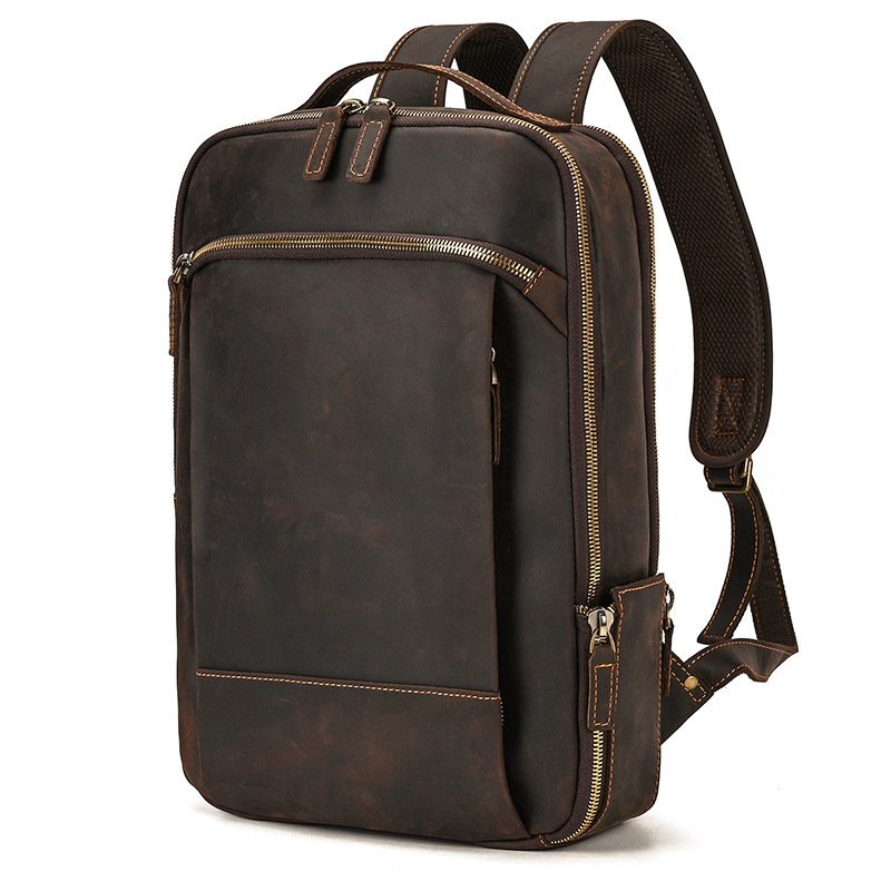 Double Zipper Genuine Leather Backpack - Large Capacity Crazy Horse Leather Travel Bag