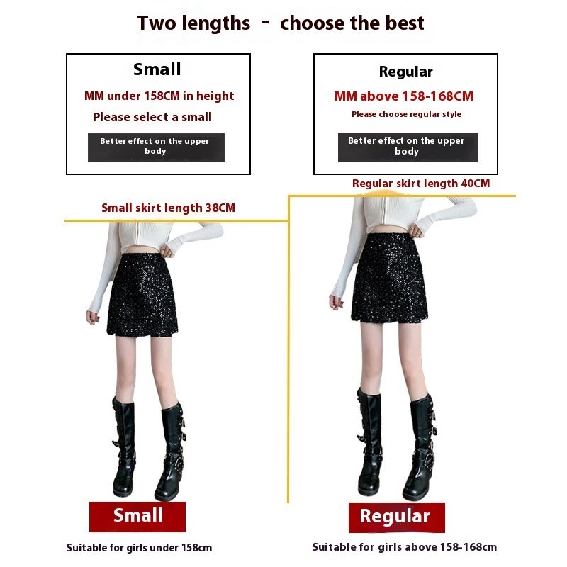 Sequined Skirt High Waist Black Sheath A- Line Skirt