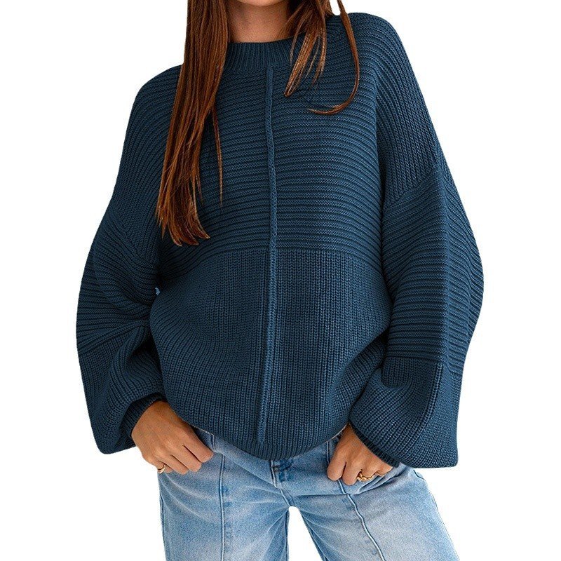 Solid Color Round Neck Knitwear - Loose Sleeve Pullover Sweater for Women