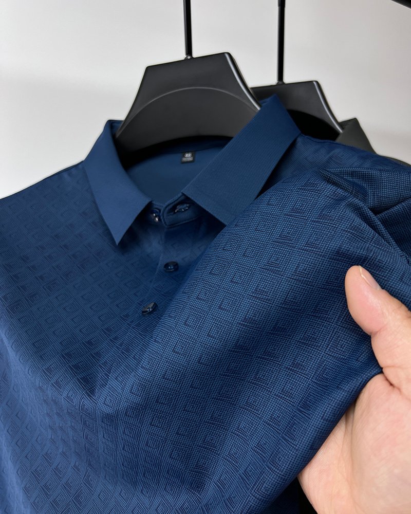 High-End Elegant Ice Silk Short Sleeve T-Shirt – Men's Lapel Summer Plaid Polo Shirt