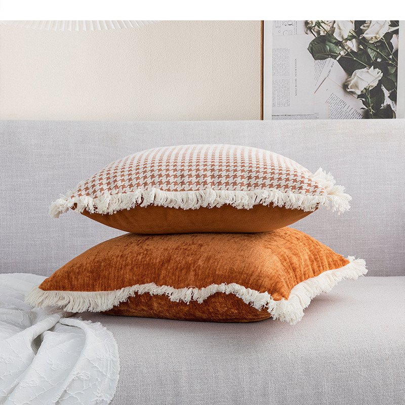Tassel Lace Pillow – Modern Wine Houndstooth Orange Cushion Cover for Stylish Decor
