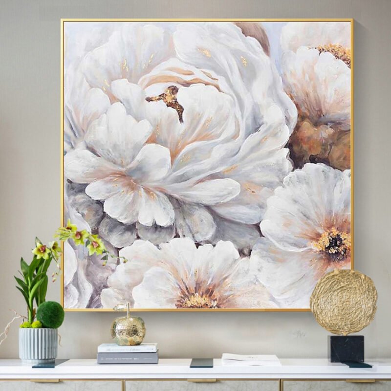 Frameless White Flower Wall Art – Elegant Oil Painting for Home Decor