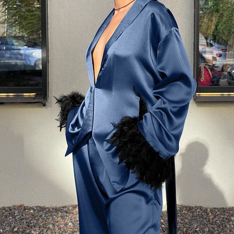 Satin Pajamas with Long Sleeve Feather Cardigan | Elegant Two-Piece Set for Women