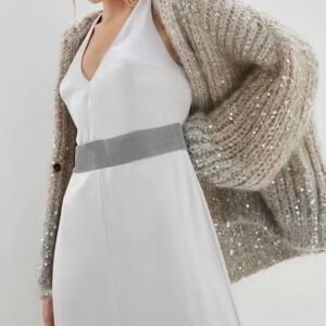 Hooded Cardigan One-Button Contrast Color Sequins Loose-Fitting Sweater for Women