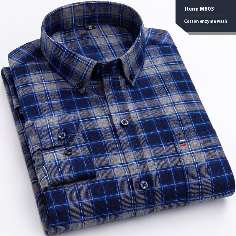 Cotton Long-Sleeved Plaid Shirt for Men - Slim Fit Business Casual