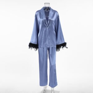 Satin Pajamas with Long Sleeve Feather Cardigan | Elegant Two-Piece Set for Women
