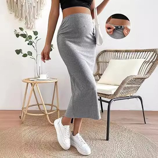 Maternity Skirt High Waist Pure Color Rib Knit - Comfortable & Stylish Maternity Bottoms