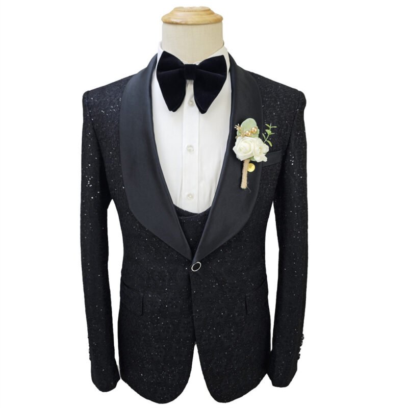 Shiny Black Men's Suit Set - 3-Piece Groomsmen Wedding Suit