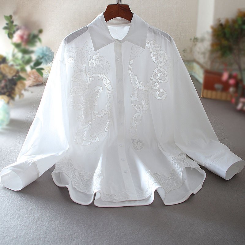 Fashion Machine Embroidery Hollow Oversized Long Sleeves Top – Chic & Loose-Fit Design