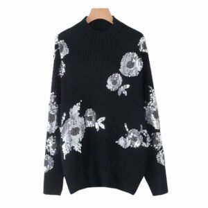 Turtleneck Loose Sequin Flower Pattern Knit Long Sleeve Black Sweater for Women