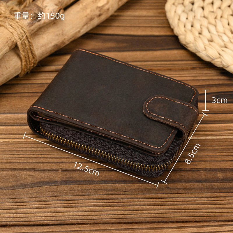 Men's Short Crazy Horse Leather Zipper Wallet - Durable & Stylish