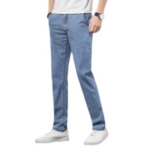 Men's Loose Elastic Jeans – Straight Fit Solid Color Casual Trousers