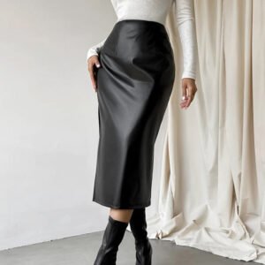 French Sheath PU Leather Skirt Black Slit Straight Skirt - Chic & Stylish Design
