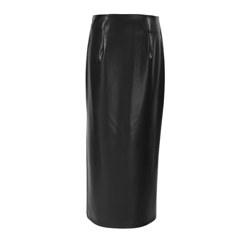 French Sheath PU Leather Skirt Black Slit Straight Skirt - Chic & Stylish Design