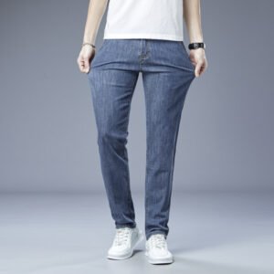 Men's Loose Elastic Jeans – Straight Fit Solid Color Casual Trousers