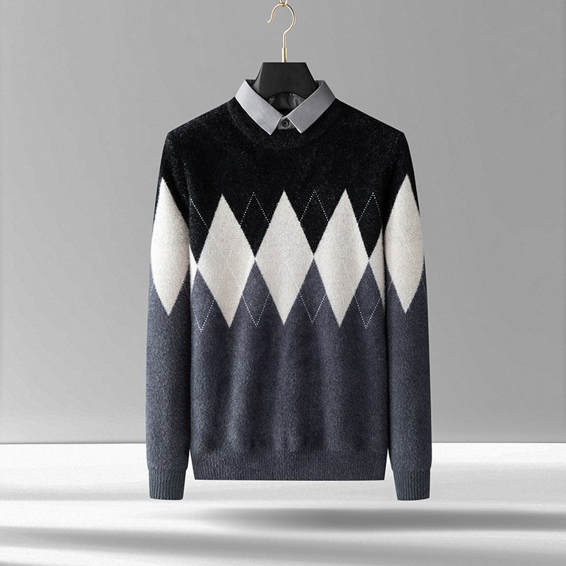 Men's Diamond Block Fake Two-piece Imitation Shirt – Stylish Layered Look