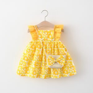 Baby Girl Flounced Sleeve Dress & Free Bamboo Basket Satchel - Stylish & Cute Outfit Set