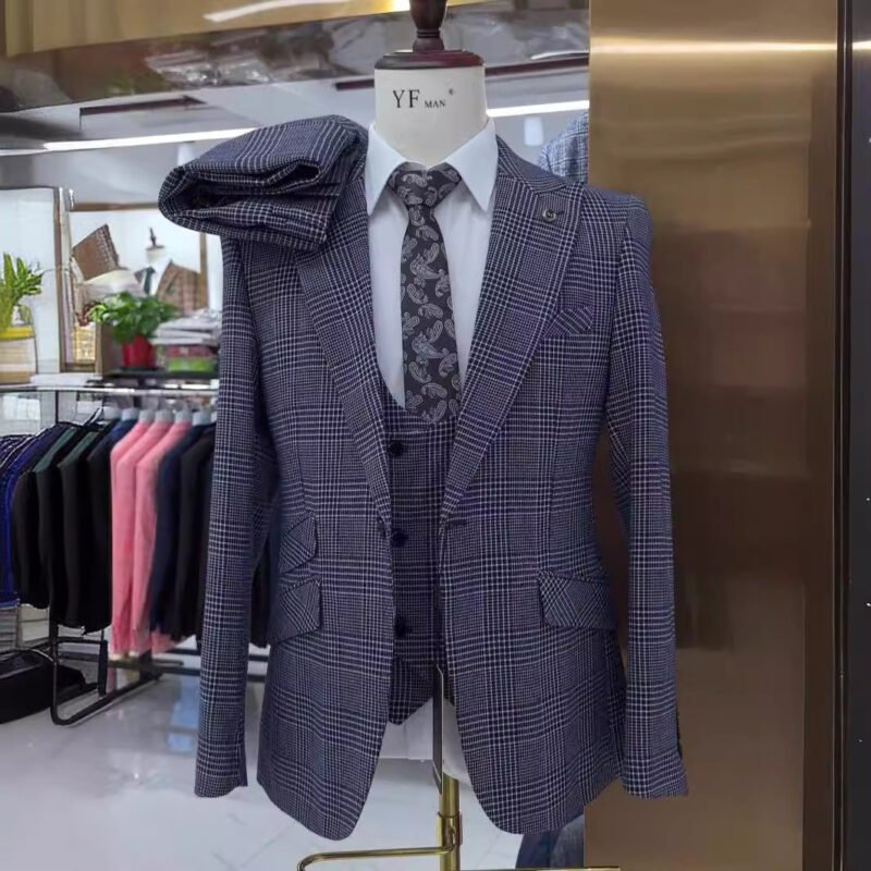 Men's Plaid Wedding Suit - Casual 3-Piece Set for Grooms & Formal Events