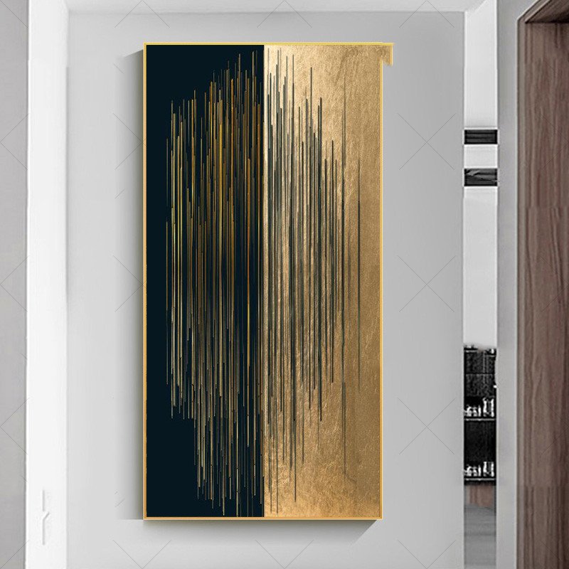 Modern Minimalist Abstract Black & Gold Lines Canvas Painting – Elegant Home Gallery Decor