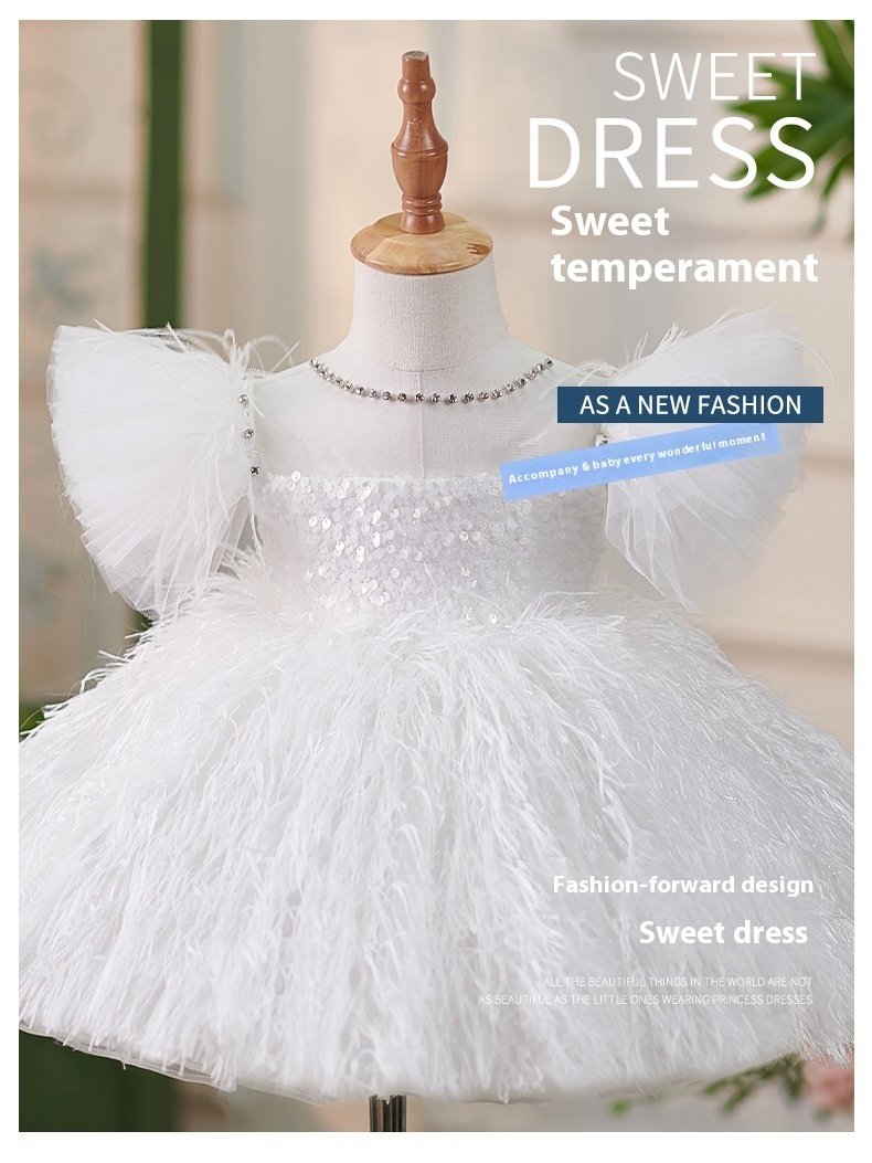 Girls Sequins White Flying Sleeves Feather Dress - Elegant & Sparkly Party Dress