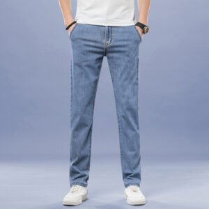 Men's Loose Elastic Jeans – Straight Fit Solid Color Casual Trousers