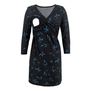 Maternity Clothes – Multi-Color Printed Deep V-Neck Cross Lactation Dress with Seven-Point Sleeves