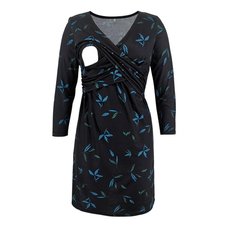 Maternity Clothes – Multi-Color Printed Deep V-Neck Cross Lactation Dress with Seven-Point Sleeves
