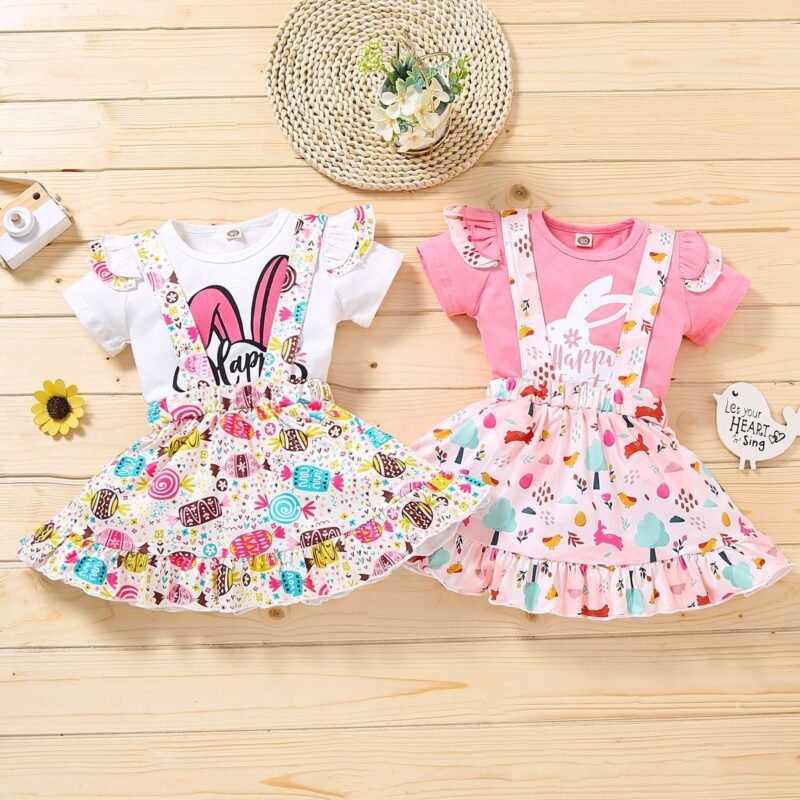 Girls Rabbit Print Letter Flying Sleeve Skirt – Cute and Trendy Skirt for Girls