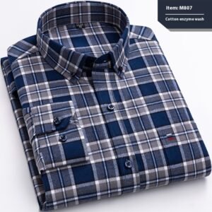 Cotton Long-Sleeved Plaid Shirt for Men - Slim Fit Business Casual