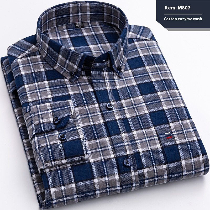 Cotton Long-Sleeved Plaid Shirt for Men - Slim Fit Business Casual