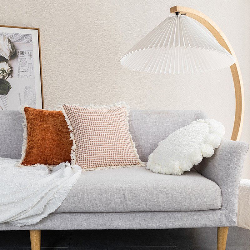Tassel Lace Pillow – Modern Wine Houndstooth Orange Cushion Cover for Stylish Decor