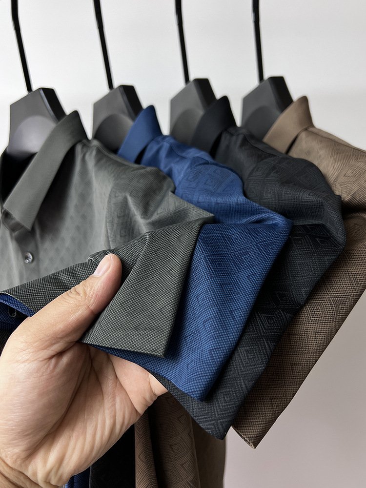High-End Elegant Ice Silk Short Sleeve T-Shirt – Men's Lapel Summer Plaid Polo Shirt