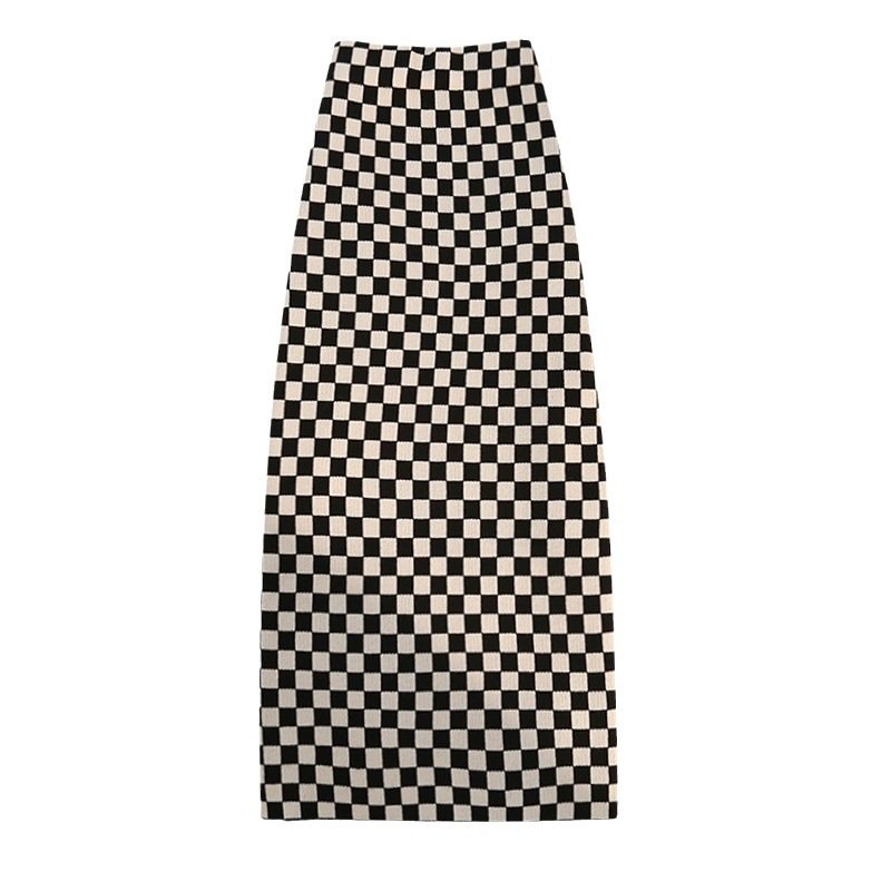 Plaid Slim-Fit Mid-Length Stretch Knitted Overskirt – Elegant & Chic