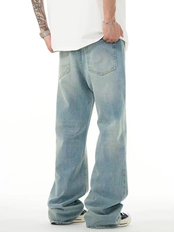 Light Blue Washed Worn Jeans – Loose Straight Wide-Leg Style for Men