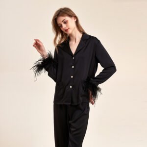Removable Feather Ice Silk Pajamas for Women - Luxurious Ostrich Feather Loungewear Set