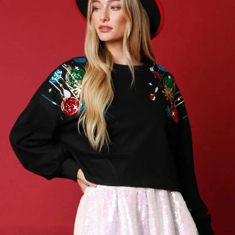 Women's Fashion Sequined Round Neck Pullover - Stylish & Elegant Sweater