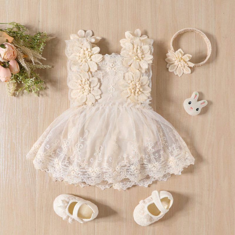 Romper Lace Vest One-Piece with Flower Hair Band – Elegant Baby Girl Outfit Se