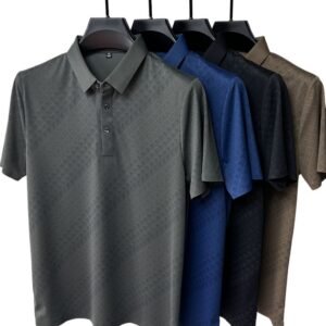 High-End Elegant Ice Silk Short Sleeve T-Shirt – Men's Lapel Summer Plaid Polo Shirt