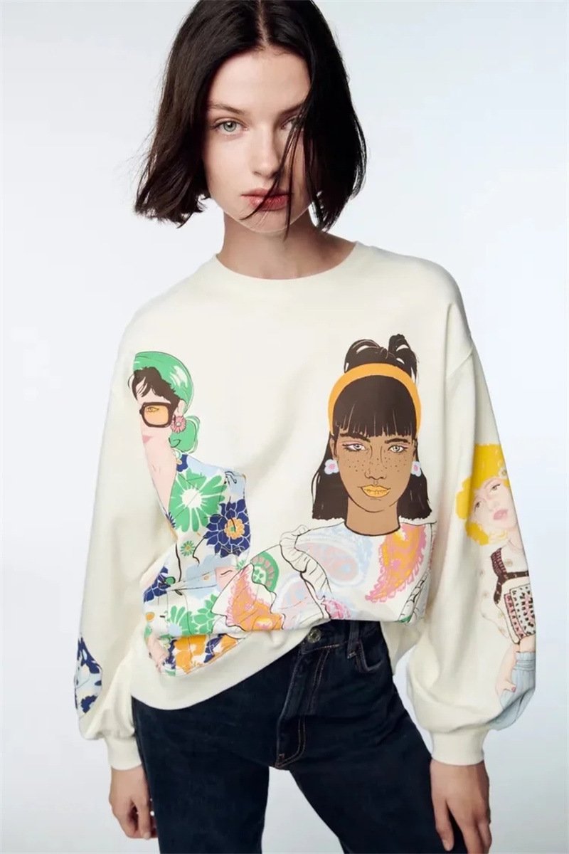 Fashion Round Neck Girls Print Casual Loose Pullover Sweatshirt