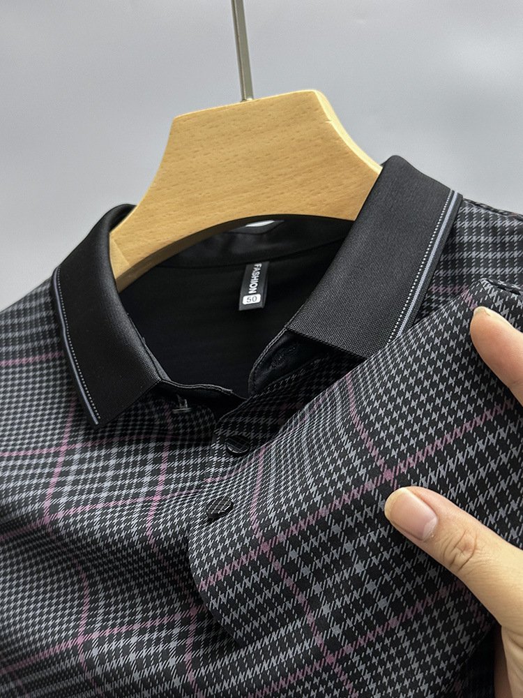 Summer Thin Plaid Printed Half Sleeve Polo Shirt – Traceless Shirt Collar for Men