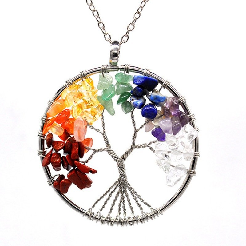 Natural Gravel Crystal Tree of Life Pendant Necklace & Volcanic Stone Yoga Bracelet